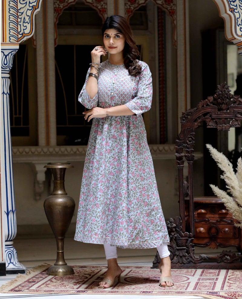 Miravan Floral Printed Cotton Anarkali for Women - Image 2